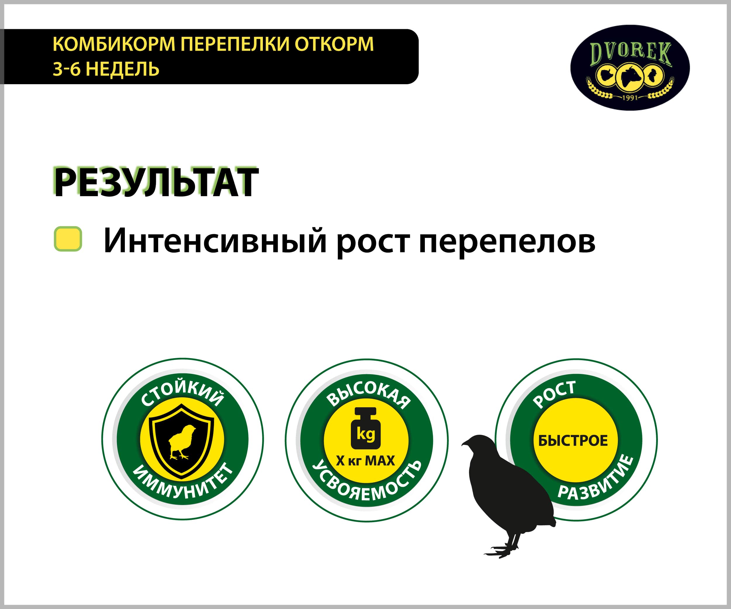 Комбикорм Dvorek ПЕРЕПЕЛА ОТКОРМ 3-6 недель - 25 кг