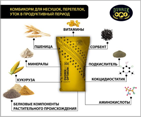 Комбикорм Dvorek Optimum для несушек, перепелок, уток в продуктивный период - 25 кг